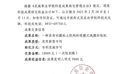 關(guān)于《一種具有切膜松土機(jī)構(gòu)的吸膜式殘膜回收機(jī)》科技成果轉(zhuǎn)化收益的公示